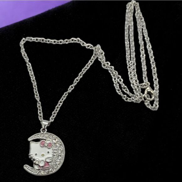 Hello Kitty Moon Rhinestone 24" Necklace Pink Bow Cat Charm Pendant Silver Chain - Picture 6 of 7